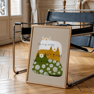 Sleeping Cats Art Print with daisies, ideal for living room wall art