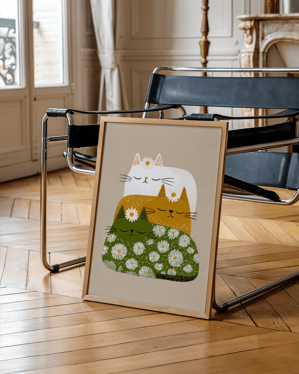 Sleeping Cats Art Print with daisies, ideal for living room wall art