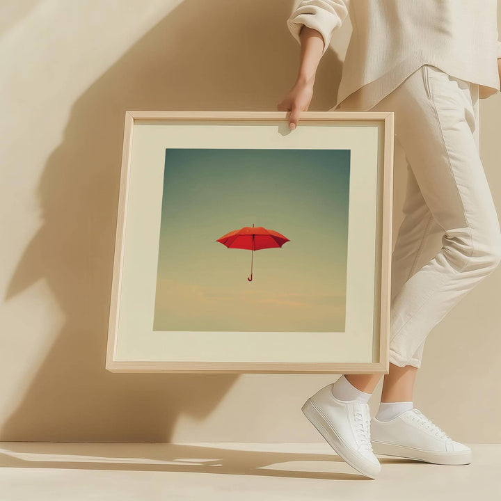 Framed surreal wall art of a red umbrella floating against a soft blue sky held by a person