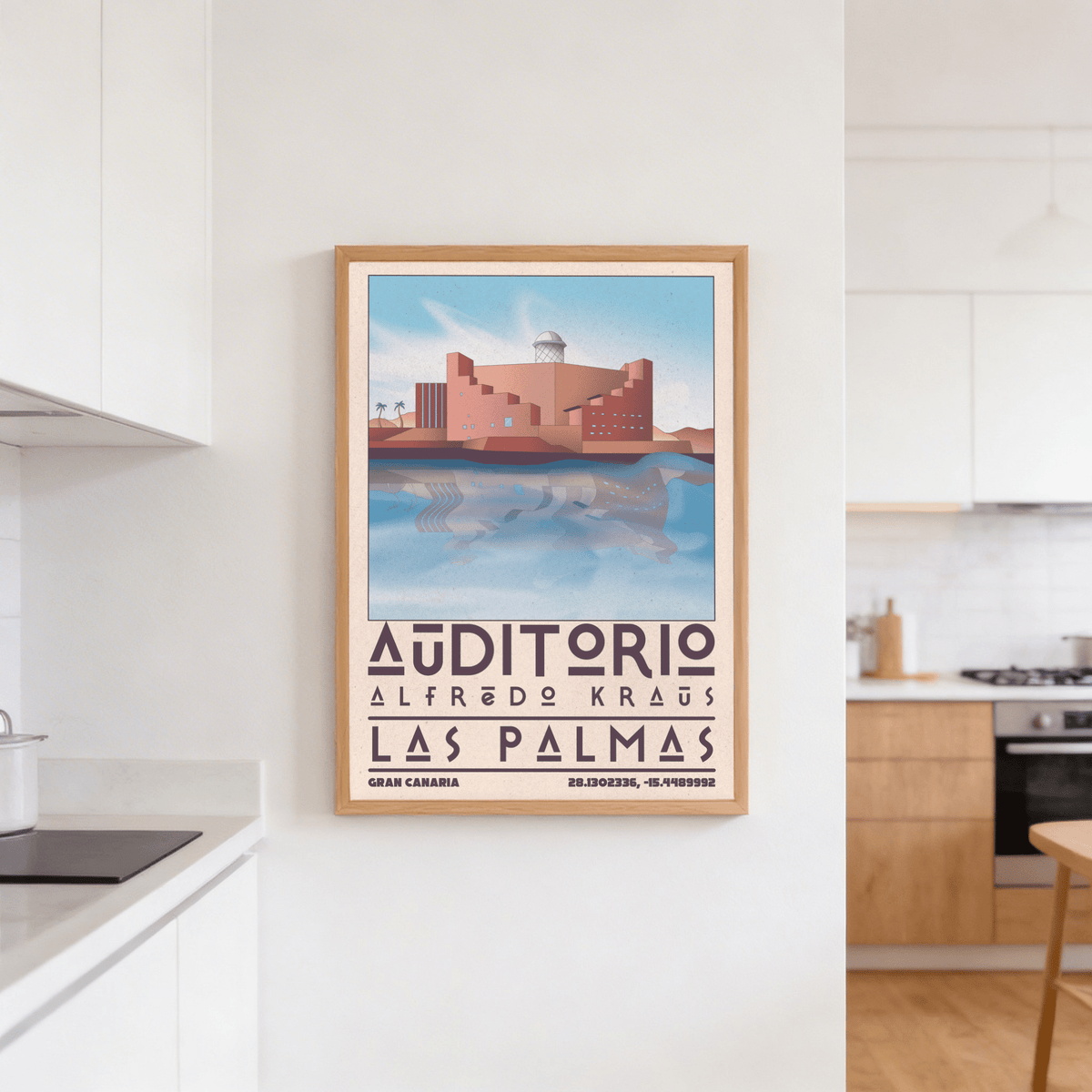 Coastal architecture artwork highlighting blocky forms and calm horizon