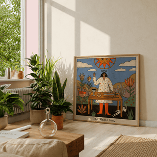 Tarot Magician Wall Art cropped to show rolling hills and oversized flowers