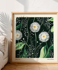 Botanical print featuring white dandelions on a dark green background.