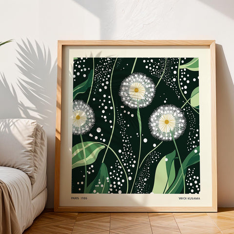 Botanical print featuring white dandelions on a dark green background.