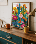 Colorful Cactus Flower Art Print featuring yellow pink for bedroom decor