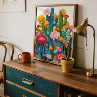Colorful Cactus Flower Art Print featuring yellow pink for bedroom decor