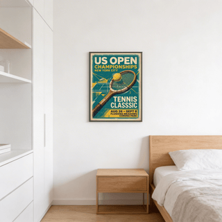 Minimalist workspace mockup highlighting Us Open Tennis Print against white wall