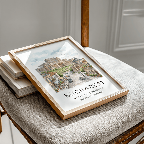 Illustrated Romanian boulevard poster showing ornate balconies and tree lined sidewalks at dusk