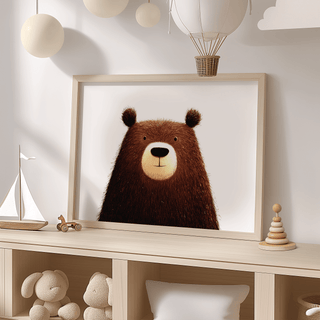 Cute Bear Art Print for living room, emphasizing brown and beige colors