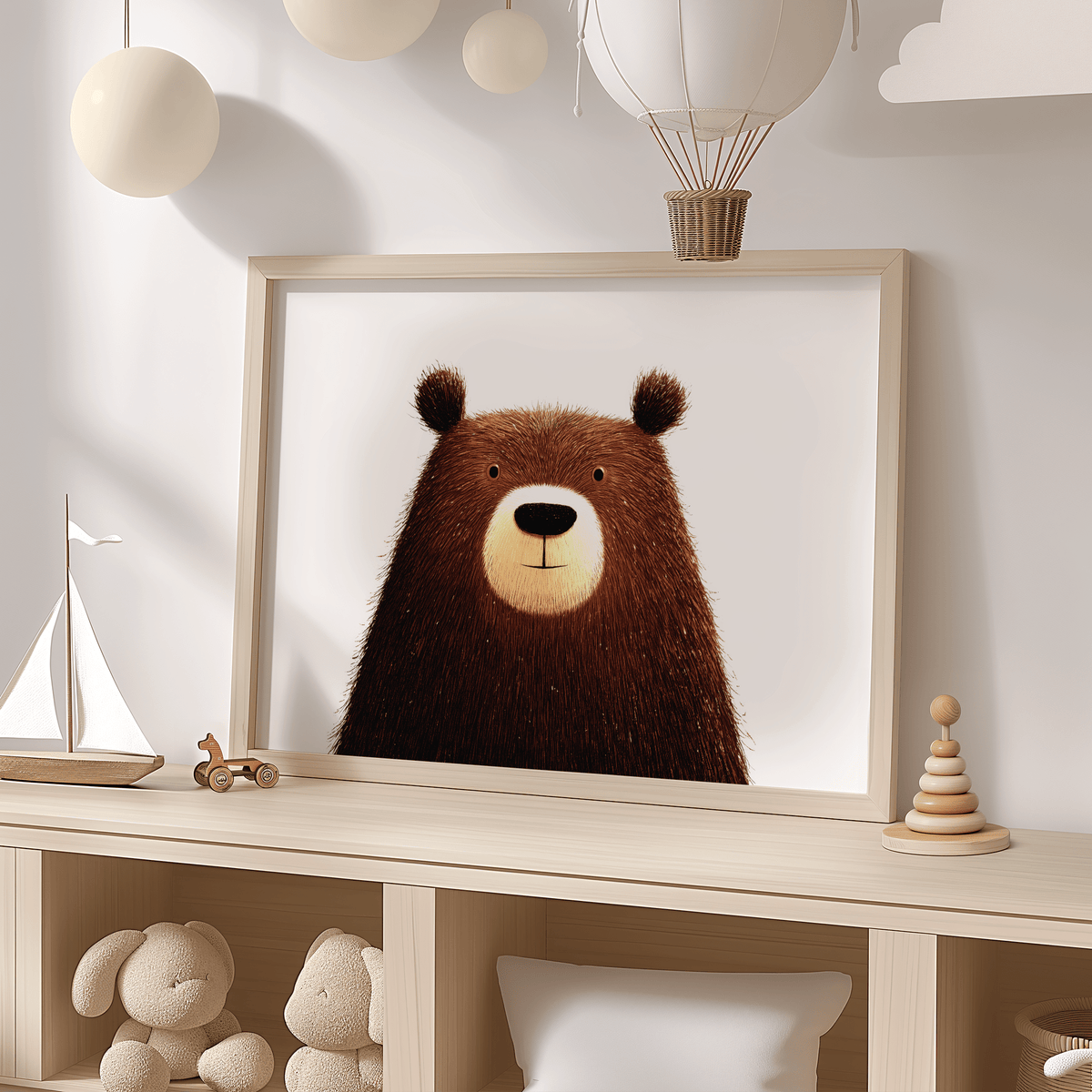 Cute Bear Art Print for living room, emphasizing brown and beige colors