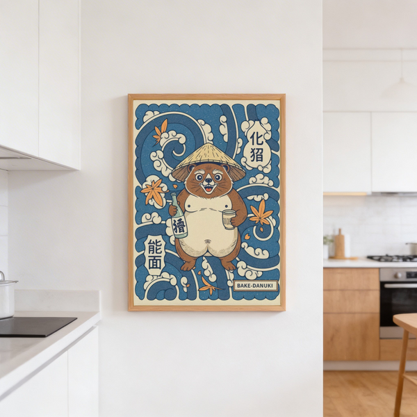 Decorative Japanese folklore tanuki print with maple leaves and wave-like clouds