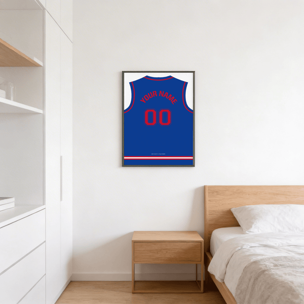 Back-view uniform wall art print showing YOUR NAME lettering and double-zero numerals