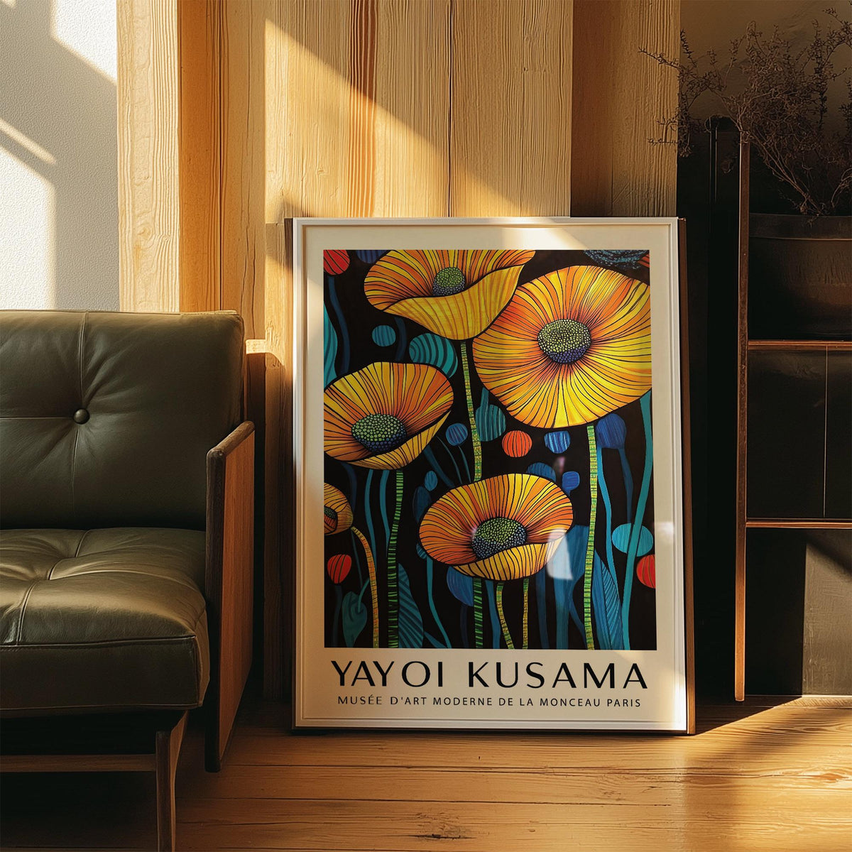Modern Art of Poppies with blue and green floral center accents.