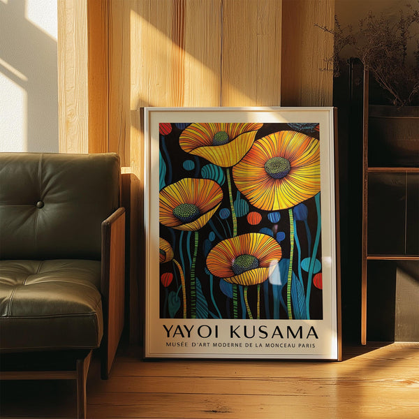 Modern Art of Poppies with blue and green floral center accents.