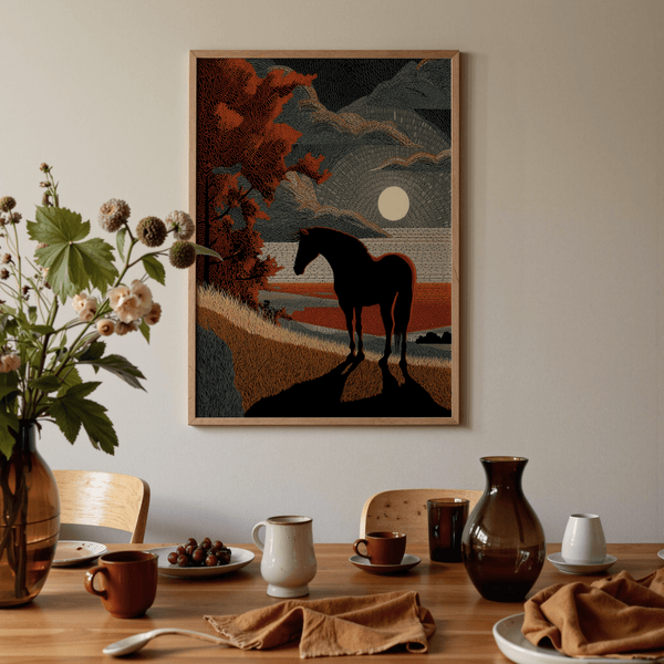 Horse Silhouette Art Print capturing moonlit pasture in minimalist style