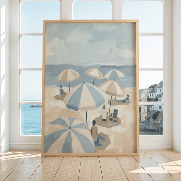 Beach Umbrella Art Print perfect for entryway, blue and beige umbrella theme