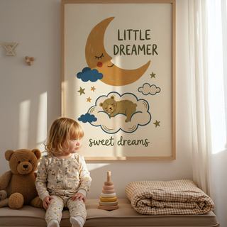 Centered composition nursery poster with “LITTLE DREAMER” text, stars, and cloud illustration