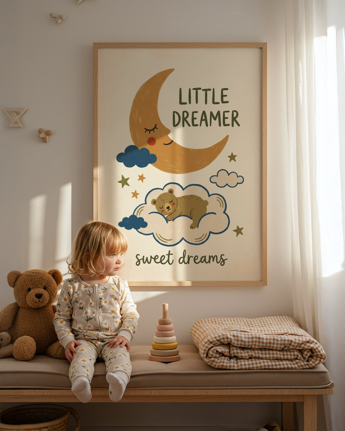 Centered composition nursery poster with “LITTLE DREAMER” text, stars, and cloud illustration
