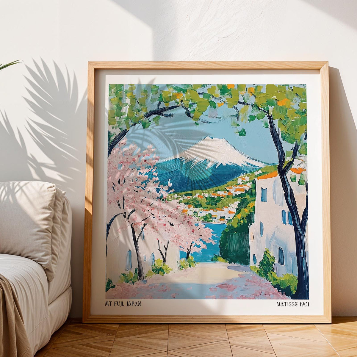 Japan Poster of spring landscape with snow-capped mountain and trees.