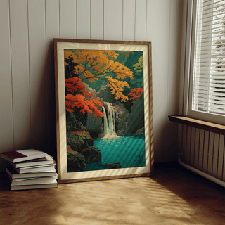 Vertical Japanese woodblock style poster of waterfall between basalt cliffs