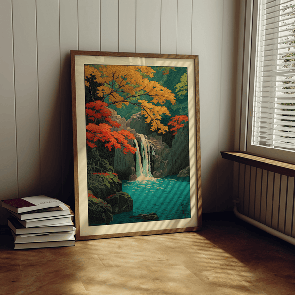 Vertical Japanese woodblock style poster of waterfall between basalt cliffs