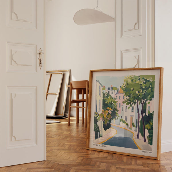 Painterly view of Notting Hill with soft pink and cream buildings.