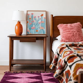 Vibrant Cactus Art Print with pink blooms and blue cactus for entryway