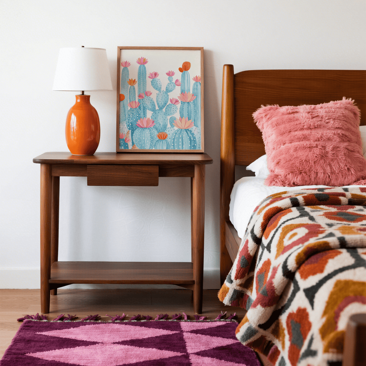 Vibrant Cactus Art Print with pink blooms and blue cactus for entryway