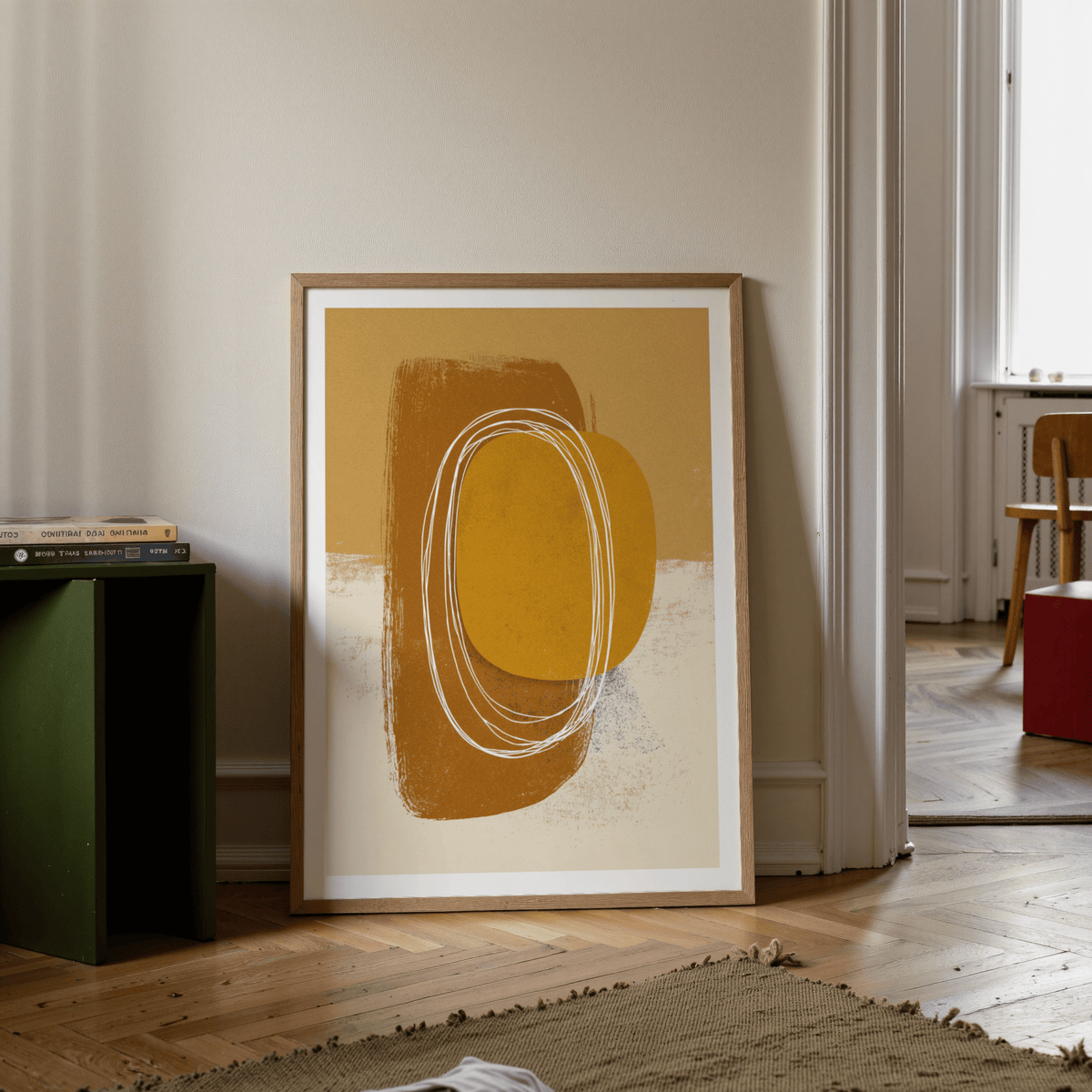 Contemporary poster showcasing grainy texture and central oval form