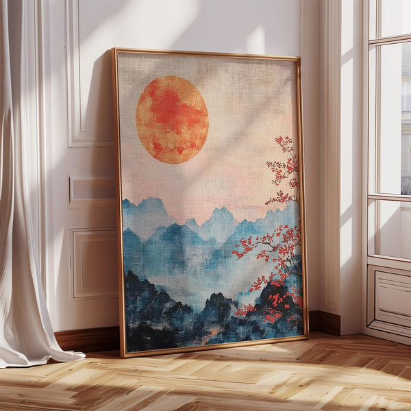Japanese Mountain Art print with wabi sabi aesthetic and soft blue mist over mountains.