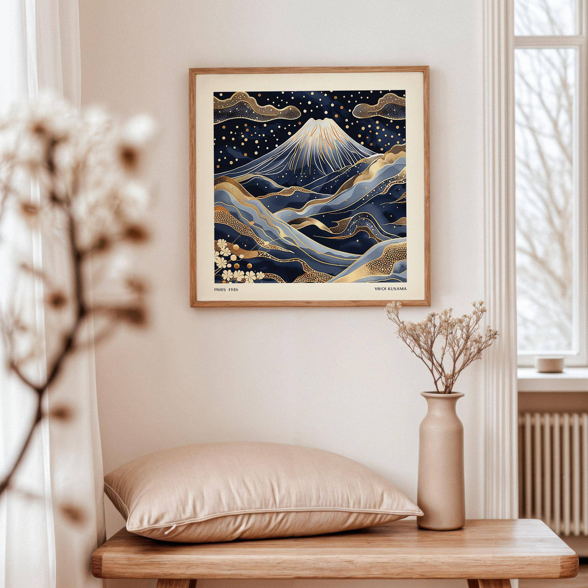 artistic blue and gold wall art inspired by Yayoi Kusama