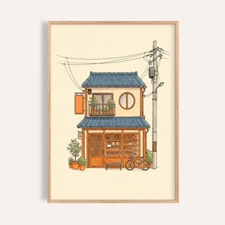 Japanese Style Art Print with Orange and Blue for living room wall art