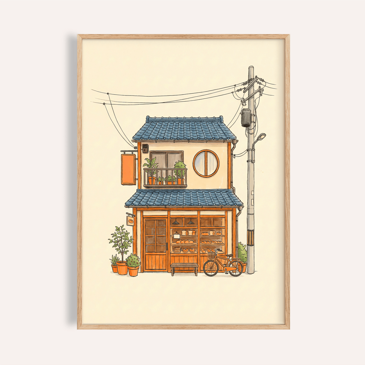 Japanese Style Art Print with Orange and Blue for living room wall art