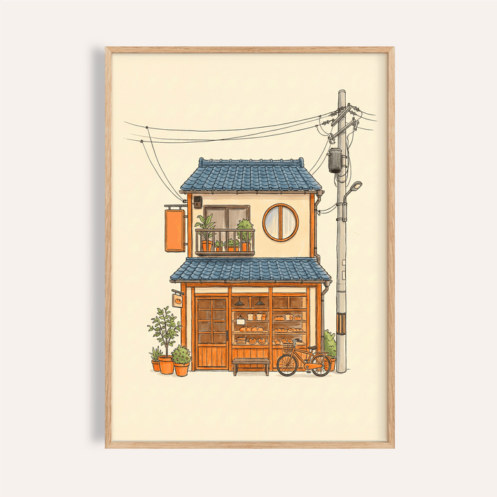 Japanese Style Art Print with Orange and Blue for living room wall art