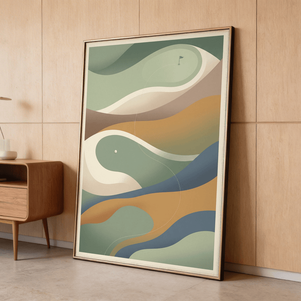 Graphic course layout wall art print with dotted trajectory line and ball marker