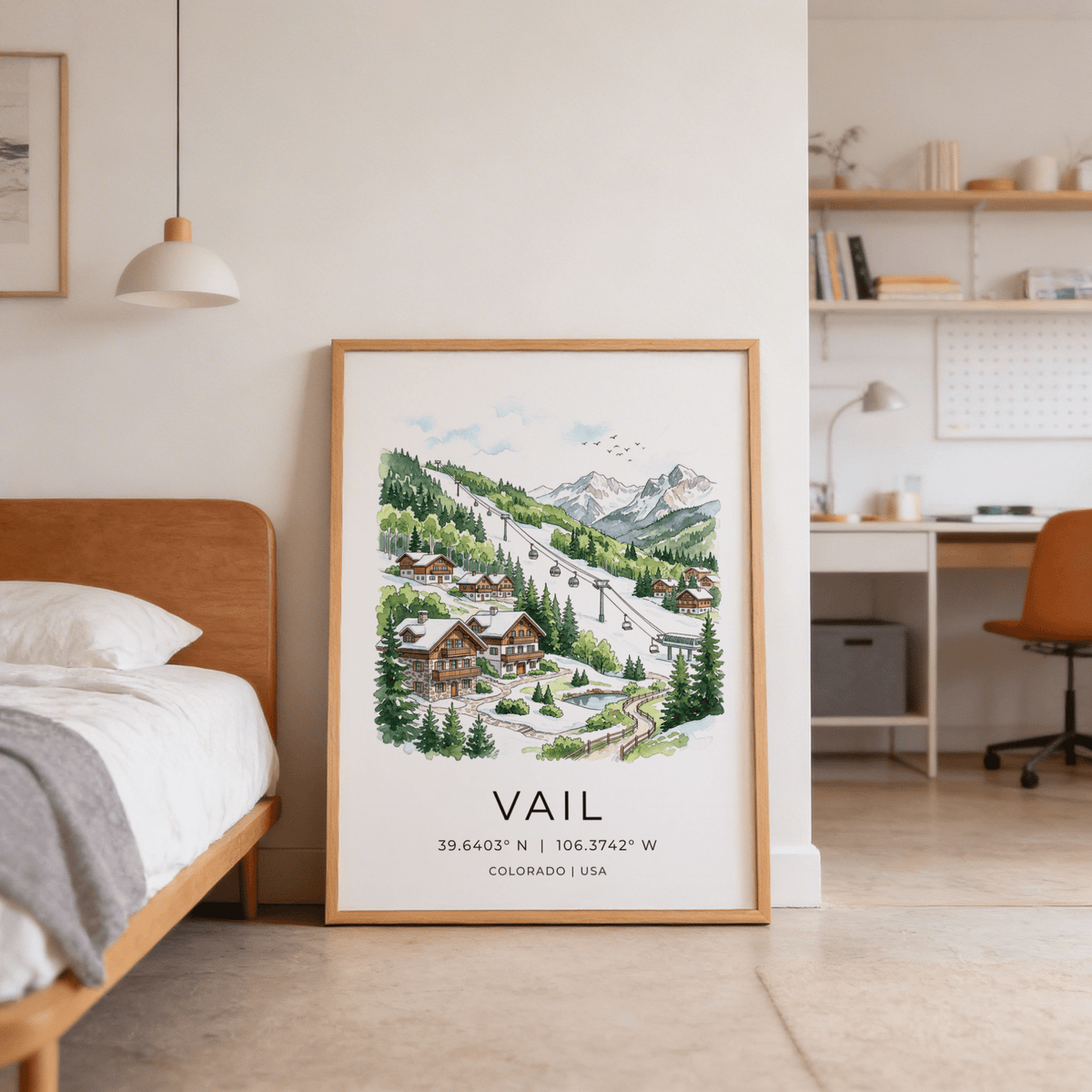 Watercolor ski resort scene with gondola line crossing snowy slope