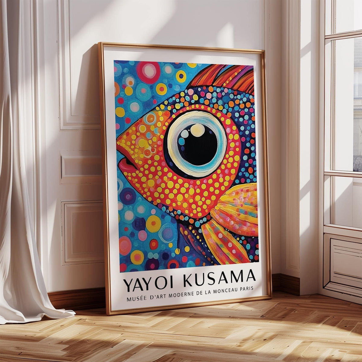 Abstract colorful fish art print featuring dotted textures and soft blush hues
