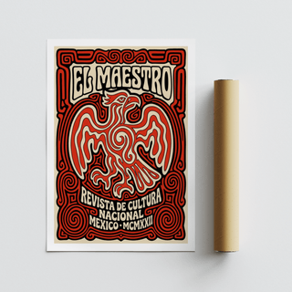 Detail view of swirling linework eagle print poster with curved Revista de Cultura text