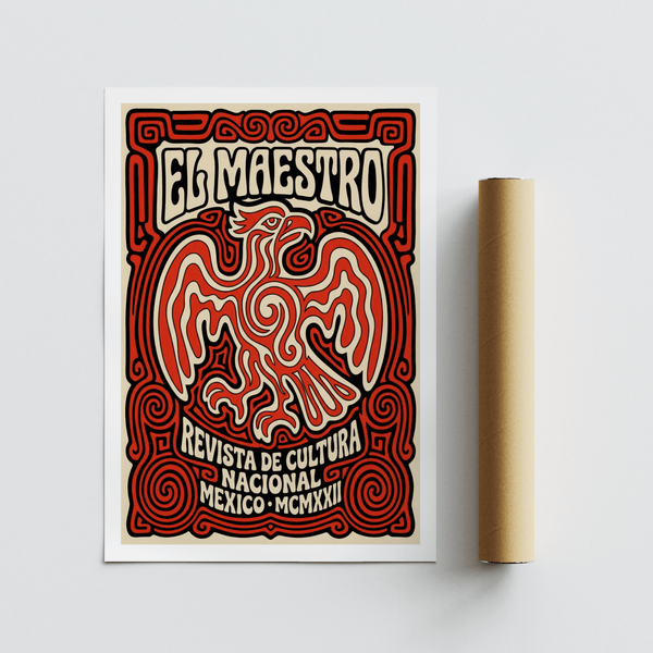 Detail view of swirling linework eagle print poster with curved Revista de Cultura text