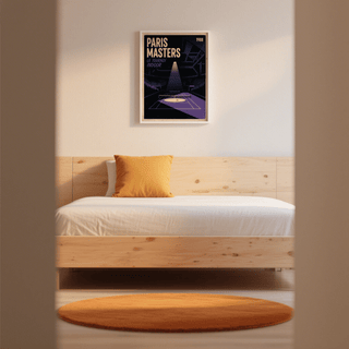Minimal geometric sports poster print with indoor court layout, spotlight cone, and large headline type