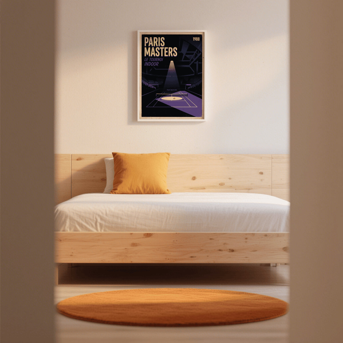 Minimal geometric sports poster print with indoor court layout, spotlight cone, and large headline type