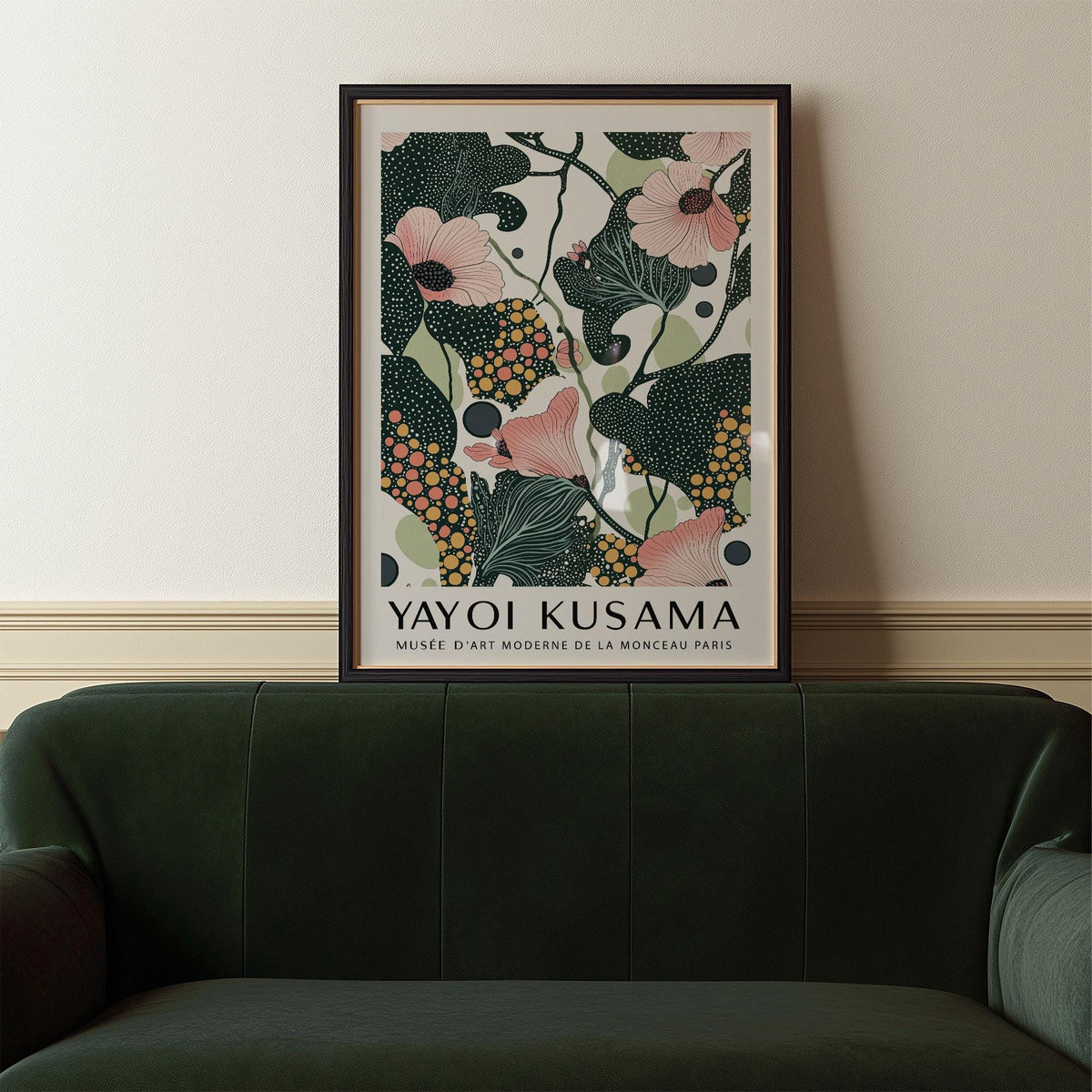 Wall art with pink and gold circles, black stems, and abstract greenery