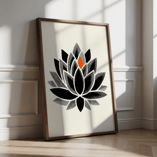 Botanical lotus wall art print with stacked petals and a single accent shape