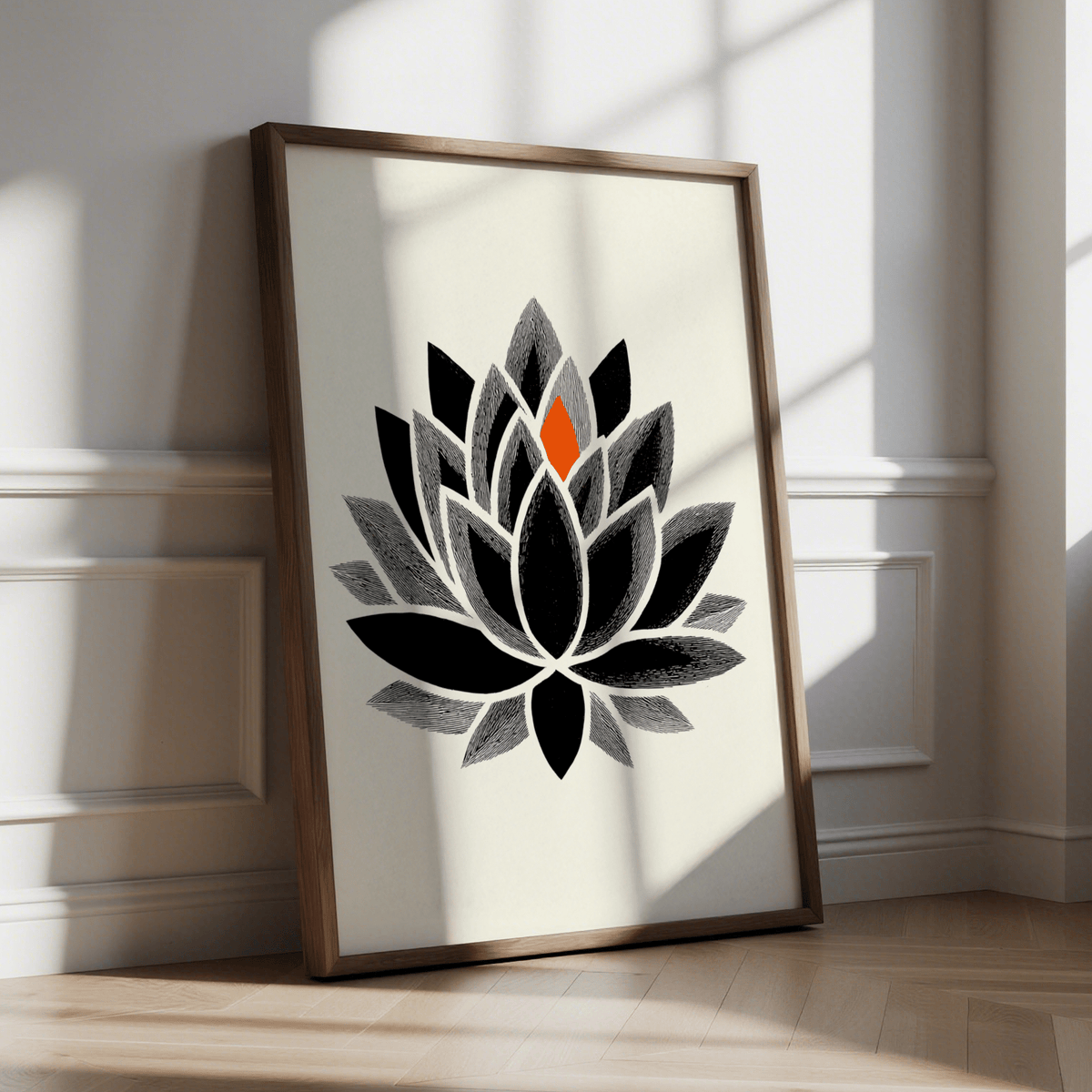 Botanical lotus wall art print with stacked petals and a single accent shape