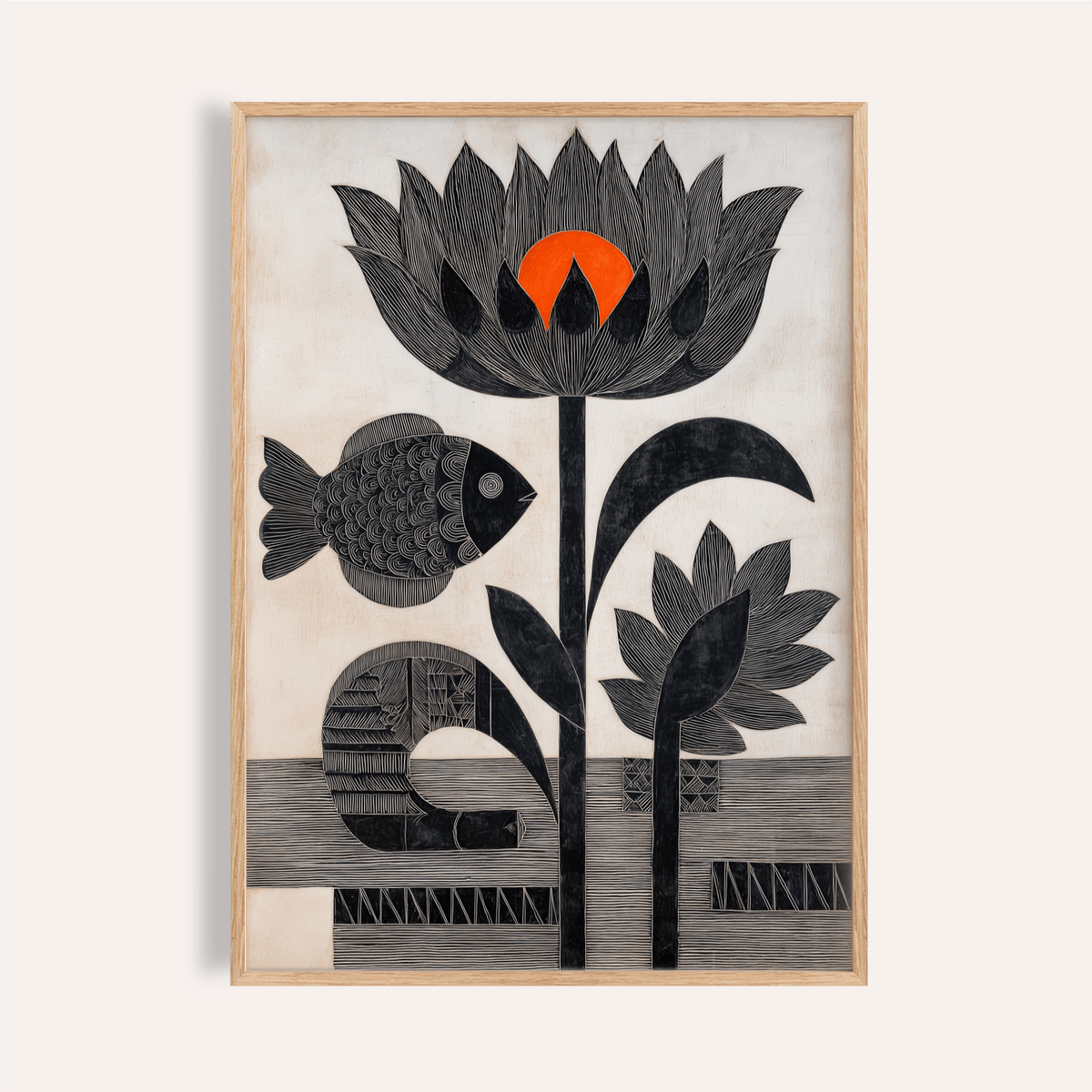 Framed-style view of Lotus Fish Wall Art poster with lotus bloom and fish illustration