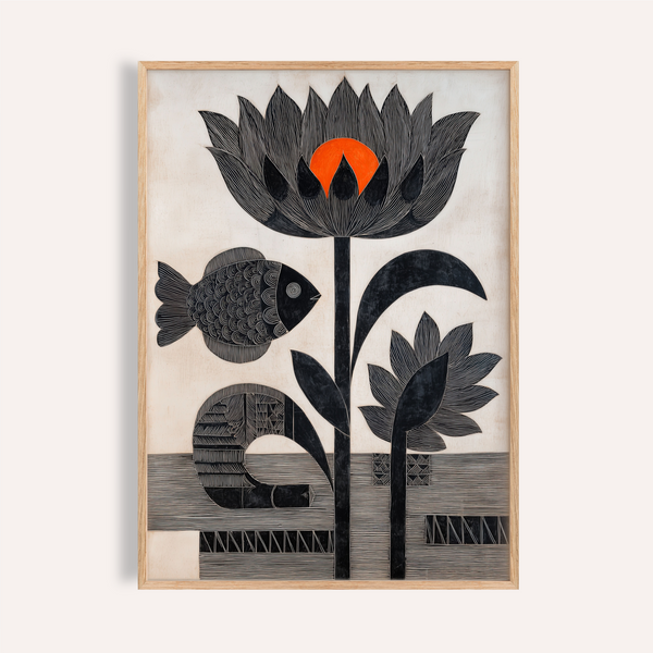 Framed-style view of Lotus Fish Wall Art poster with lotus bloom and fish illustration