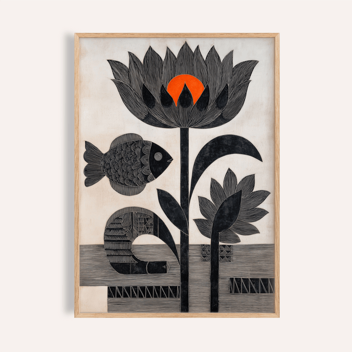 Framed-style view of Lotus Fish Wall Art poster with lotus bloom and fish illustration