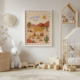 Illustrated Wild West Animal Art Print with cowboy cheetah, two cubs, cacti, and layered hills
