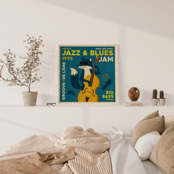 Jazz Blues Art Print using Blue and White in modern living room