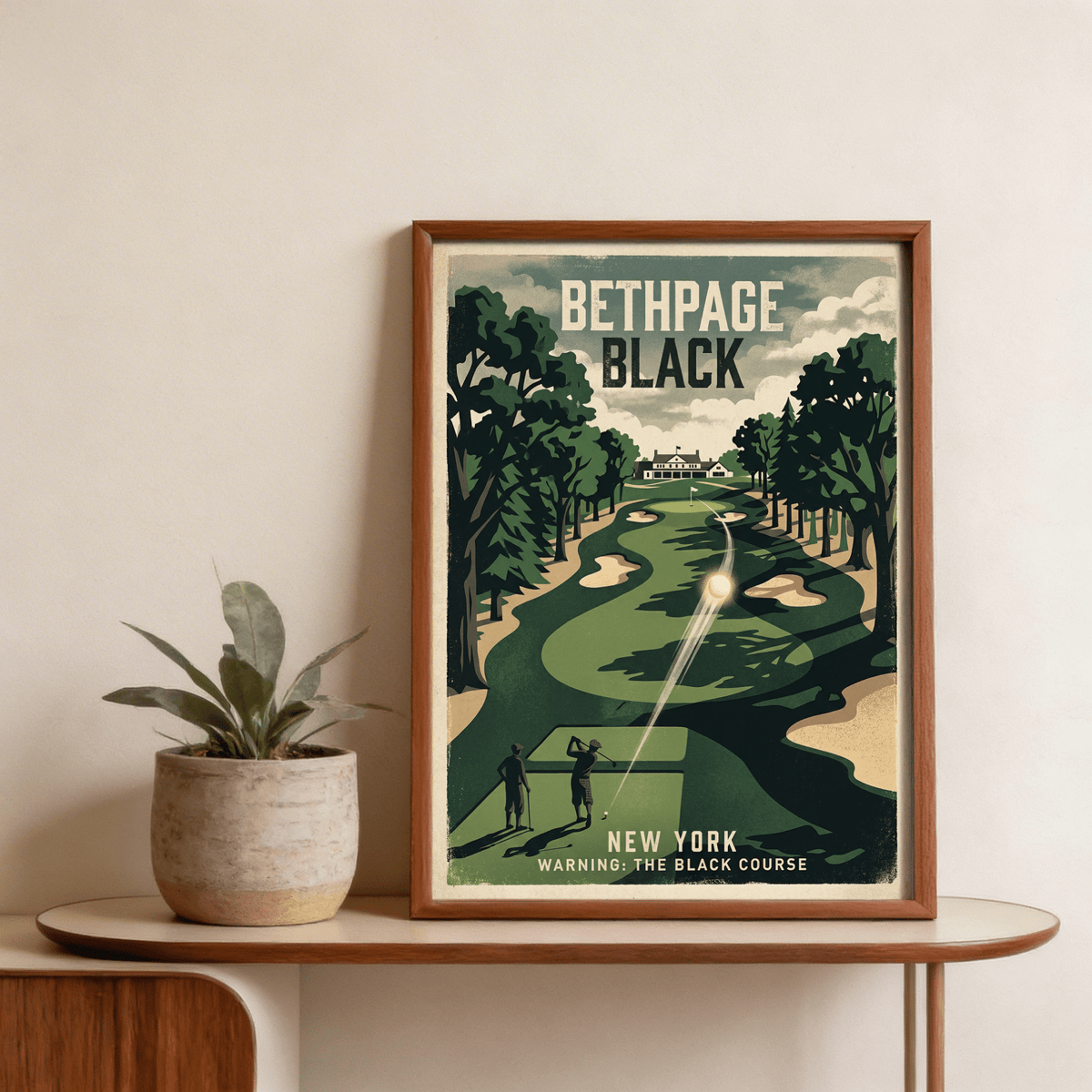 Tee box golfers watching ball flight toward hazy horizon on sports print