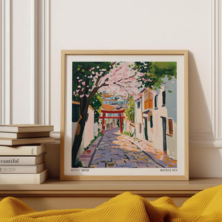 Torii gate and peaceful alleyway captured in expressive Kyoto Japan Art.